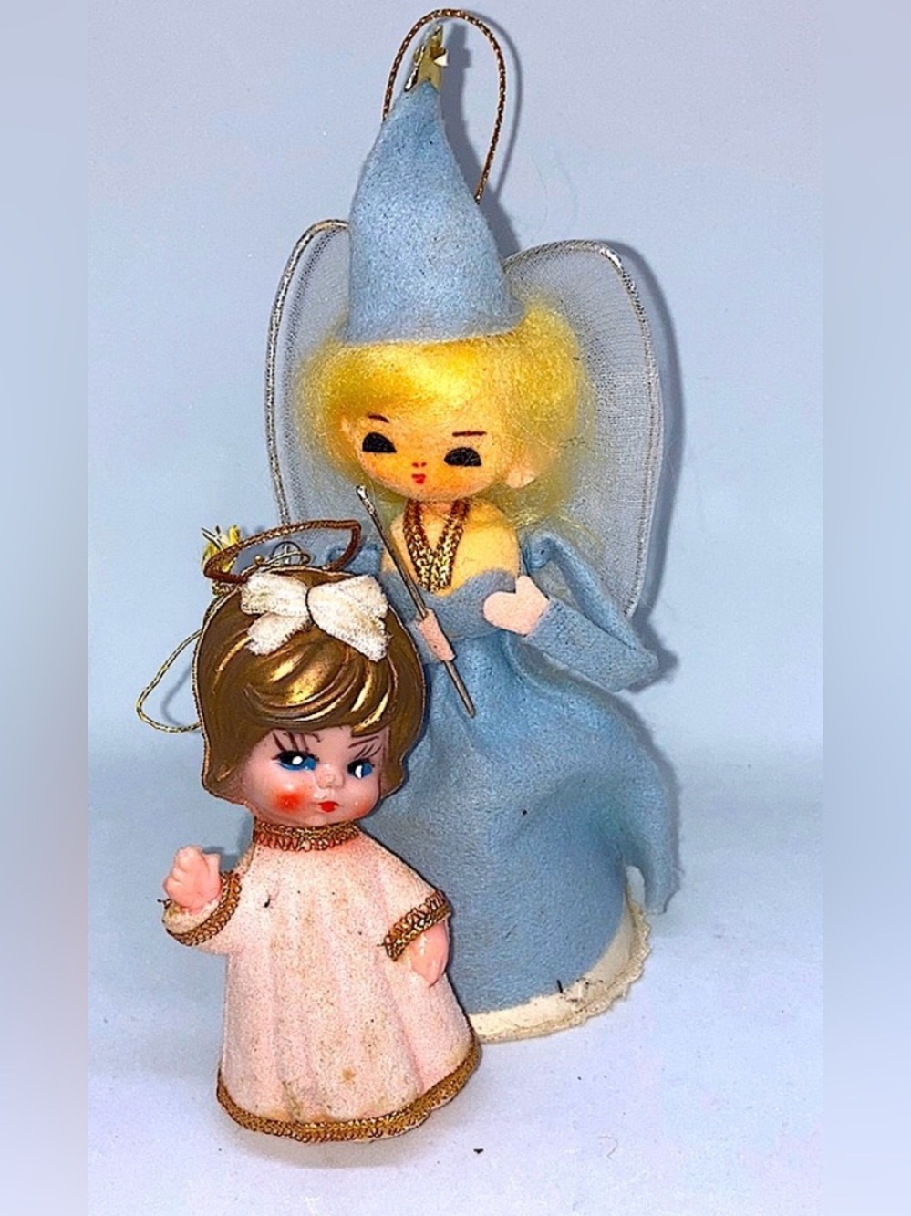 2 Vintage 1970s holiday angel ornaments light blue 7” flocked pink 3 5/8”
